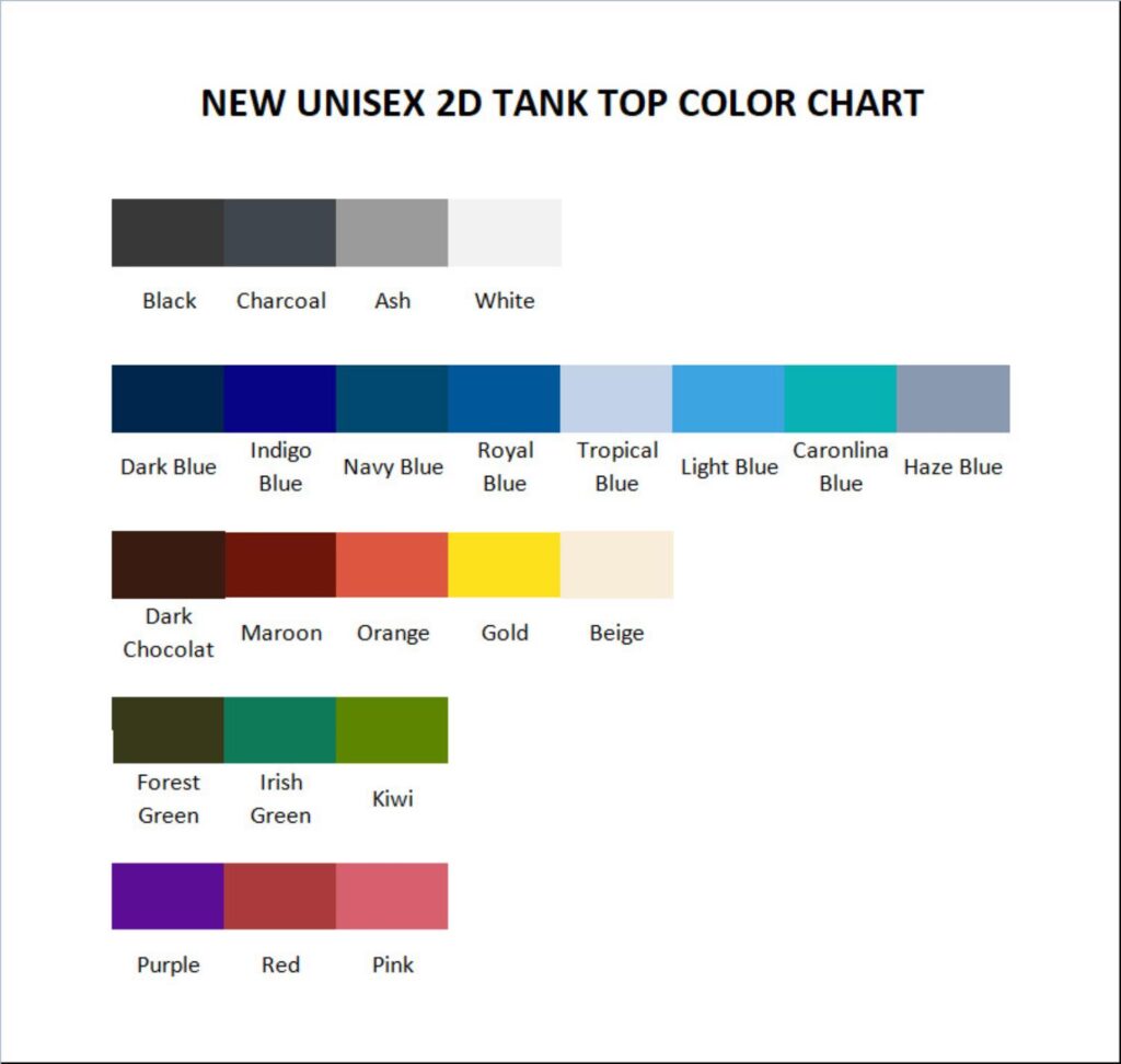 tank top color chart - Football Gift Shop