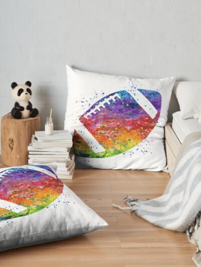 American Football Ball Colorful Watercolor Throw Pillow Official Football Merch